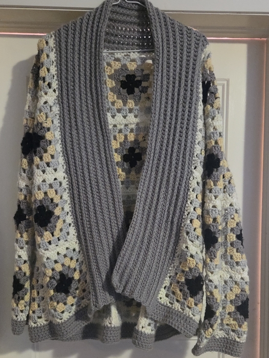 Handmade Sweaters - Cozy Gray Crochet Shawl-Collar Cardigan with Cream & Yellow Accents